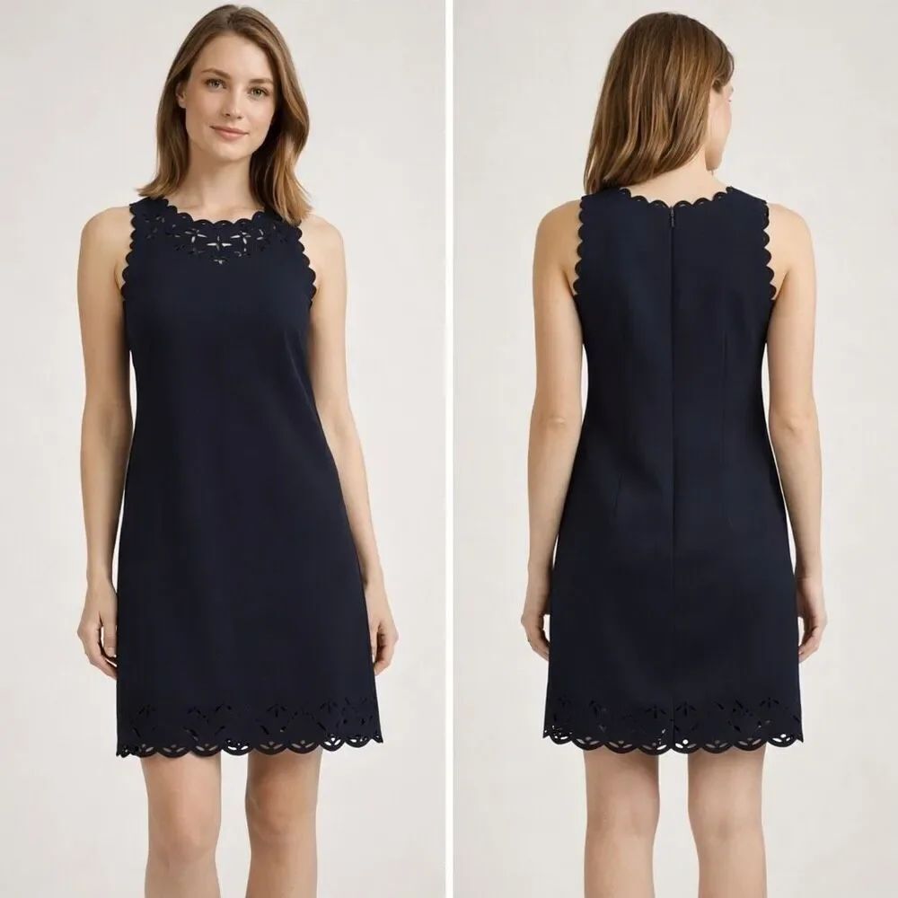 J.Crew Navy Scalloped Laser Cut Shift Dress Sleeveless Size 2